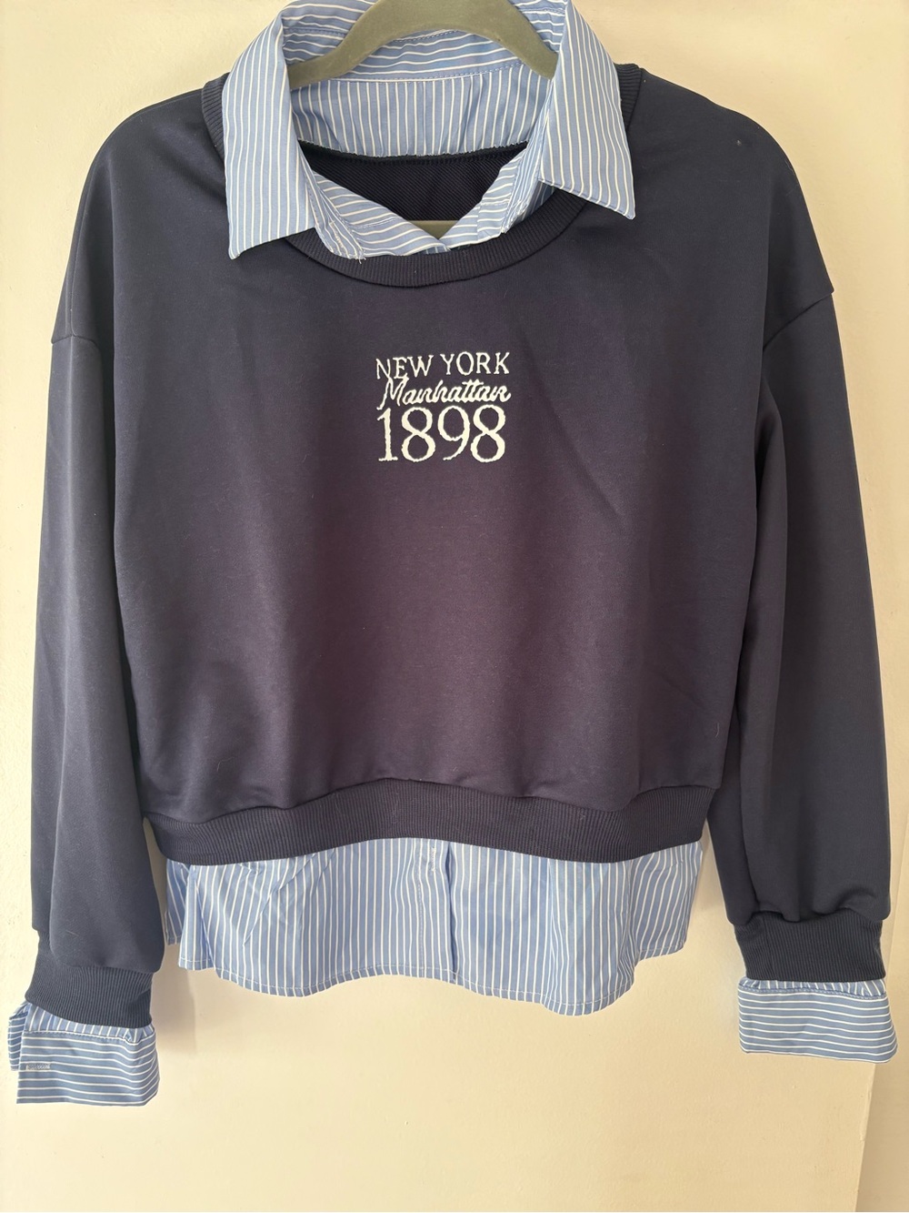 SHEIN Navy Pullover Sweater with Blue Striped Shirt Hem